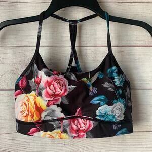 Zyia Black Colorful Floral Sports Bra Cross Racerback Cutout Hummingbird Size M